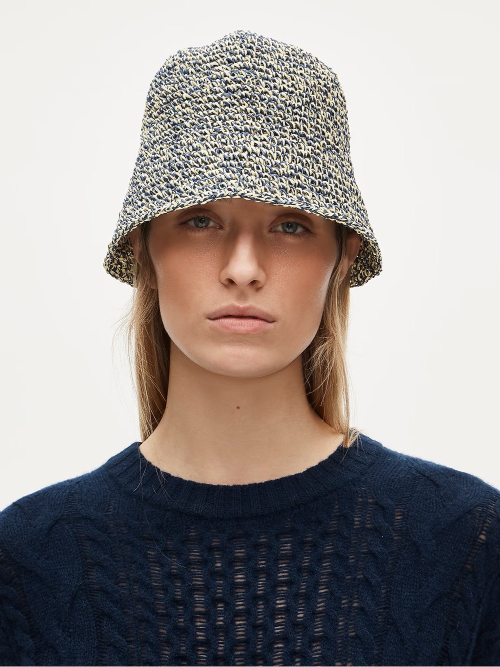 J Crew Hand-crocheted marled straw Bucket hat Navy Cream